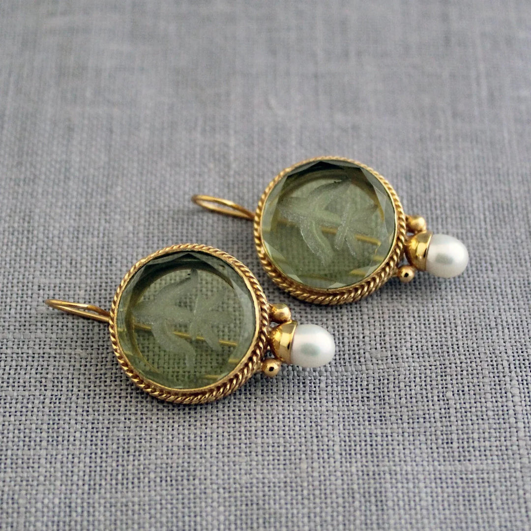 Penelope - Vintage Rounded Green Stone Pearl Earrings